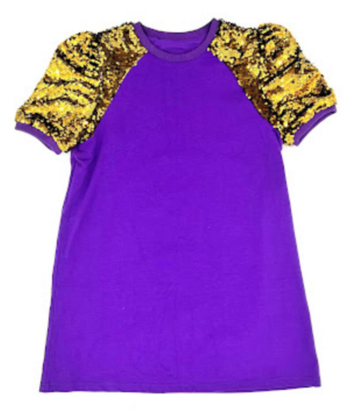 green emerald velvet dress Sequin Puff Sleeve Dress- Purple & Gold 5