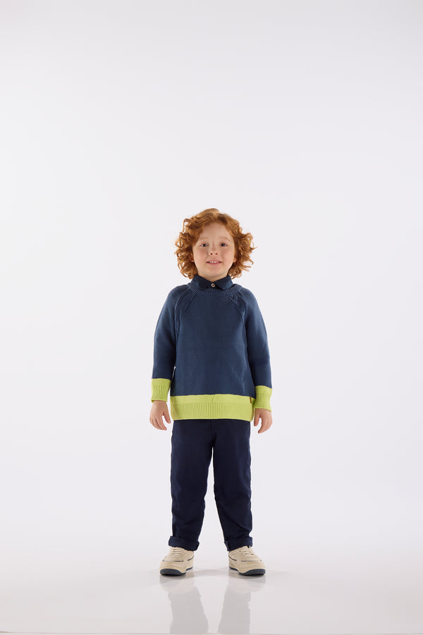 Knit Sweater- navy/lime