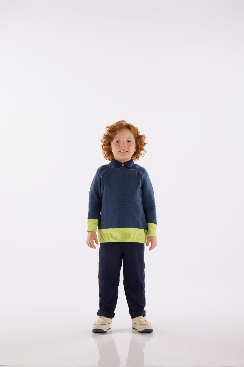 Knit Sweater- navy/lime