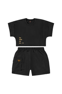 Jersey crop sweatshort set- black