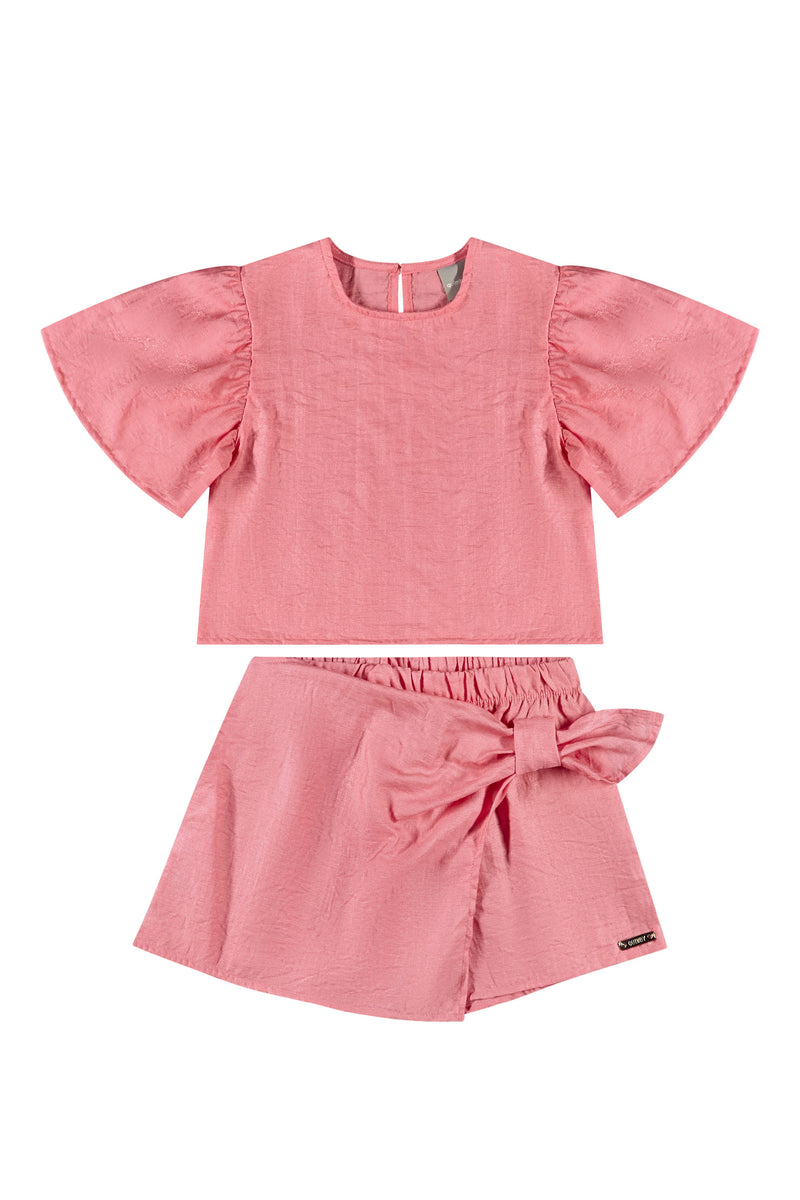 Woven top & wrap skort set- metallic coral