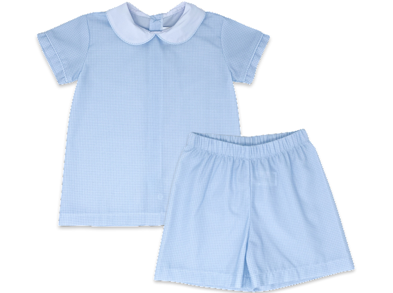 Sibley Short Set- Blue Minigingham white collar