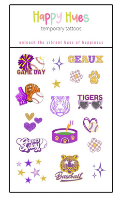 Tiger Girl Baseball Tattoos- Purple & Gold