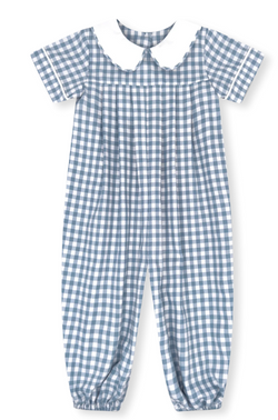 Precious Pleated Romper- Stone Blue Check