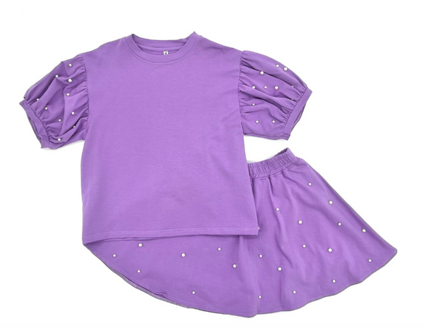 Pearl puff sleeve Skort Set- purple