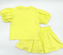 Pearl puff sleeve Skort Set- yellow