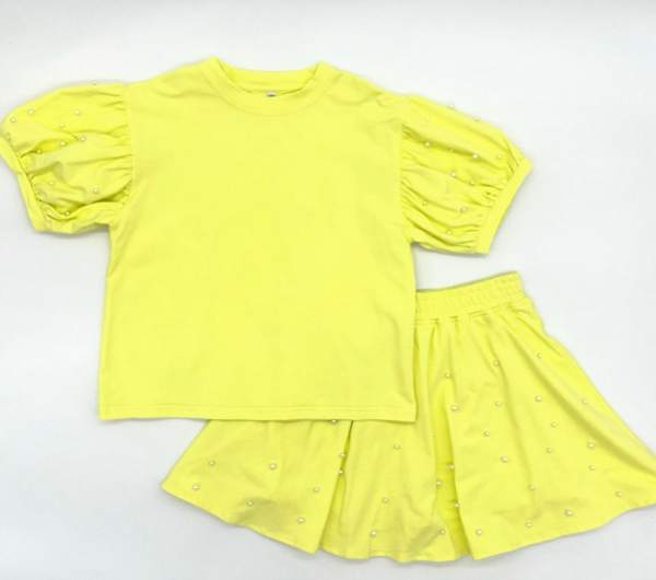 Pearl puff sleeve Skort Set- yellow